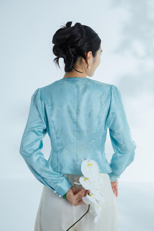 荷言HEYEN 清姝 雨打寒竹金通织金正绢真丝上衣蓝色复古优雅高定系列 商品图4