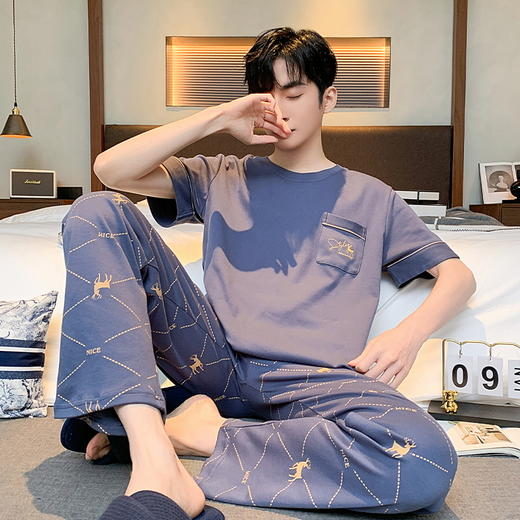 自然醒浮云家居服睡衣男士夏季纯棉薄款短袖长裤可外穿宽松大码家居服套装QH 商品图8