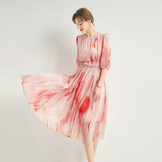 丁摩 真丝连衣裙优雅夏季女装高级感新款收腰气质时尚桑蚕丝女长裙5ZF-065 商品图1