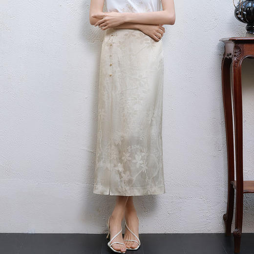 玳莎国风提花半身裙2025年夏季新款优雅新中式开叉中长款直筒裙  FB34303 商品图1