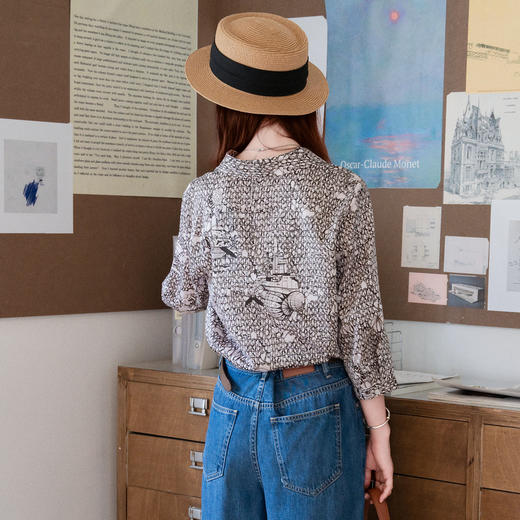 谜底花色衬衫七分袖女2025夏季新款复古风印花合体衬衣256MC6287 商品图2