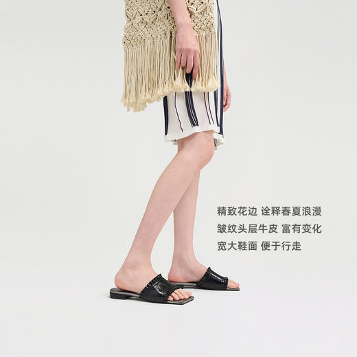 lost in echo2025春夏新款高级牛皮黑色手工花边薄底平跟凉拖鞋女 商品图2