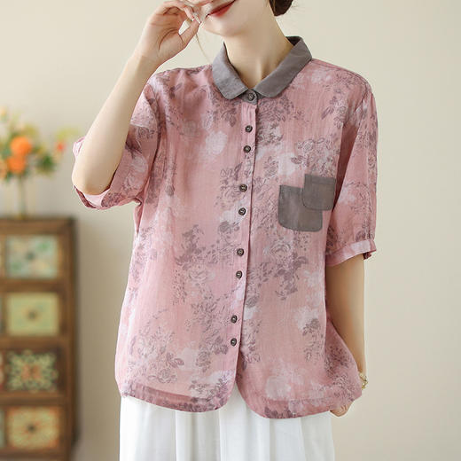 文艺印花棉麻衬衫上衣，翻领贴布口袋短袖衬衣LJX-D035-9097 商品图0