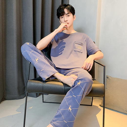 自然醒浮云家居服睡衣男士夏季纯棉薄款短袖长裤可外穿宽松大码家居服套装QH 商品图5