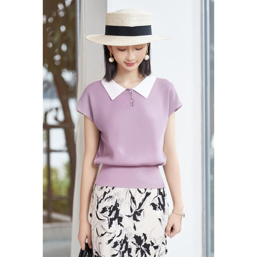 米思阳2025夏季新款休闲减龄针织衫娃娃领半袖弹力百搭针织T恤女2313 商品图1