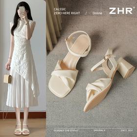 ZHR高跟凉鞋法式粗跟凉鞋2025夏季新款仙女一字带凉鞋方头单凉鞋
