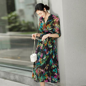 丁摩 法式真丝植物印花串珠连衣裙90415