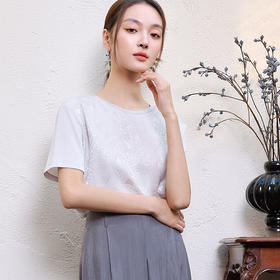 玳莎真丝提花T恤女2025年夏季新款时尚百搭拼接设计圆领短袖上衣  FB32105