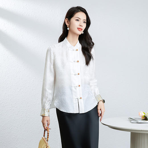丁摩 国风衬衫女春季新款新中式衬衣收腰盘扣立领真丝桑蚕丝上衣5ZF-25012 商品图1