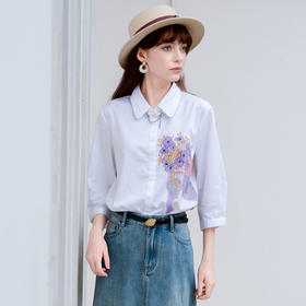谜底白衬衫七分袖女士2025夏季新款通勤风印花合体衬衣256MC6246