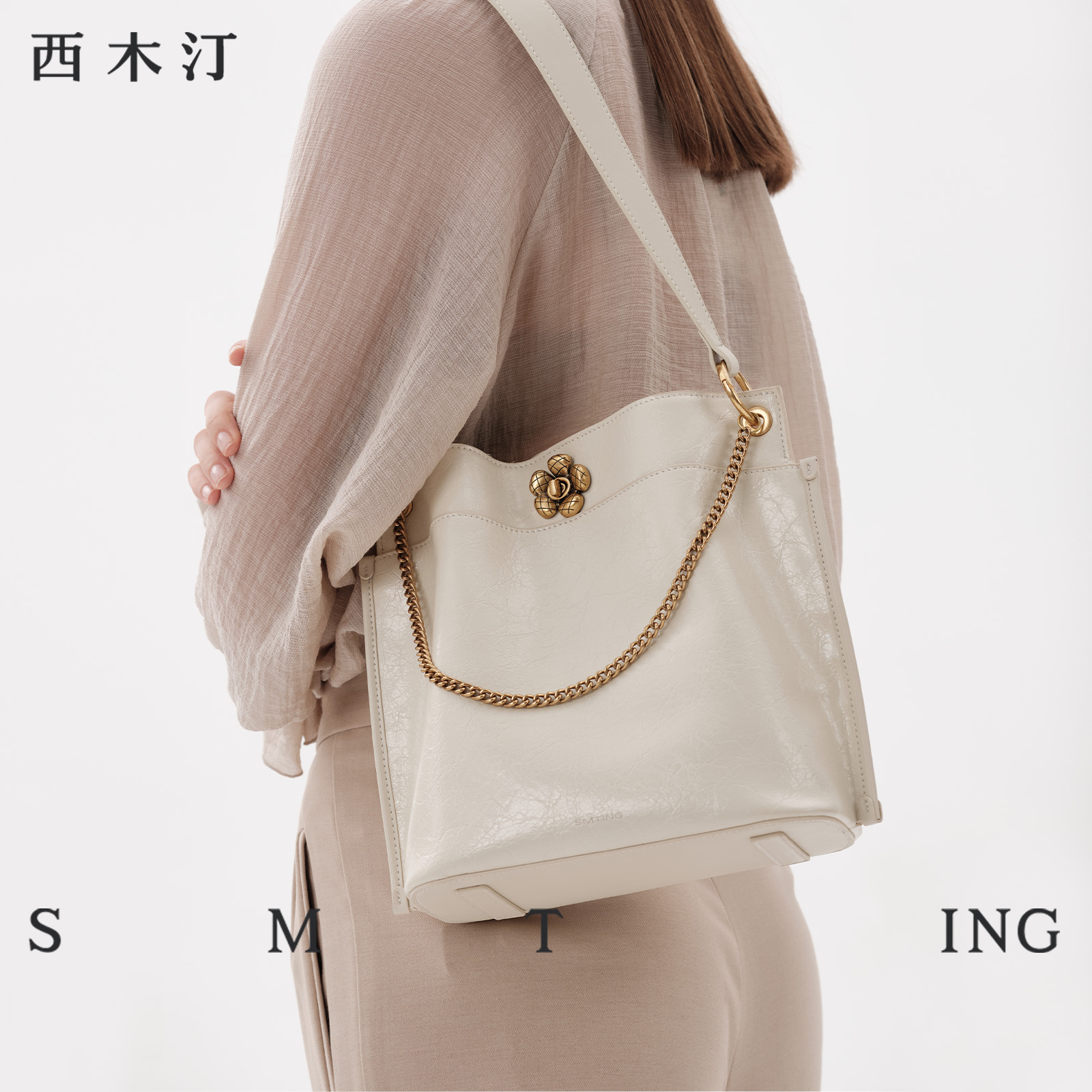 【柔见定制专属】【西木汀】 伊人夕岸 牛皮单肩水桶包女小众大容量斜挎包包3689