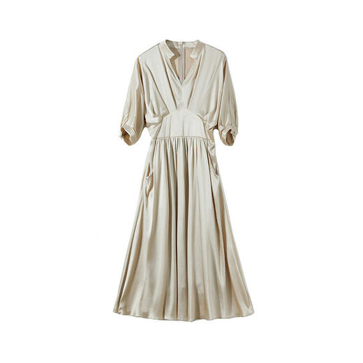 丁摩 真丝连衣裙女夏法式V领名媛风高级感白色缎面桑蚕丝大摆长裙5ZF-0116 商品图4