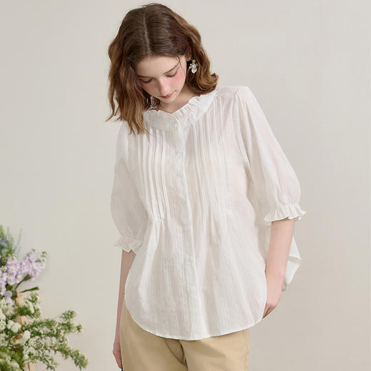 西遇法式宽松衬衣女夏季新款花边领口慵懒风白色衬衫上衣SS050442 商品图2