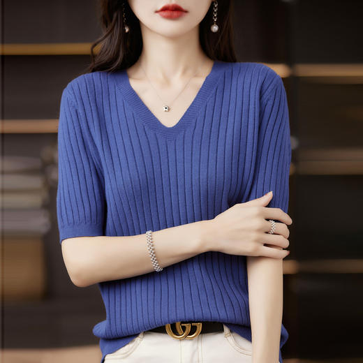 丁摩 五分袖针织打底衫女V领套头半袖薄毛衣简约纯色毛衫中袖上衣T恤5ZF-4281 商品图5