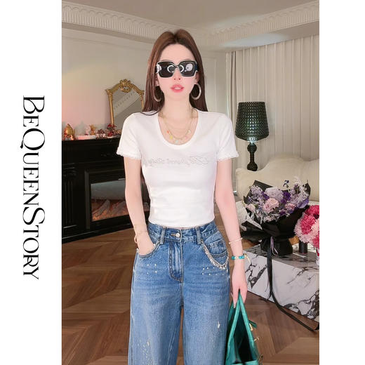 【孤品样衣，不退不换】【度假时光】镂空蕾丝花边拼接百搭修身短袖上衣2025春装新款 商品图2