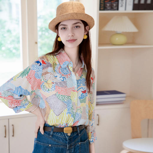 谜底花色衬衫七分袖女2025夏新款复古文艺印花合体衬衣256MC6290 商品图1