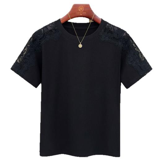 丁摩 肩膀拼接蕾丝花边短袖T恤女棉夏季新款休闲百搭上衣圆领纯色5ZF-M720 商品图4