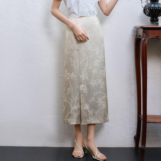 玳莎国风提花半身裙2025年夏季新款优雅新中式开叉中长款直筒裙  FB34303 商品图0