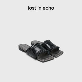 lost in echo2025春夏新款高级牛皮黑色手工花边薄底平跟凉拖鞋女