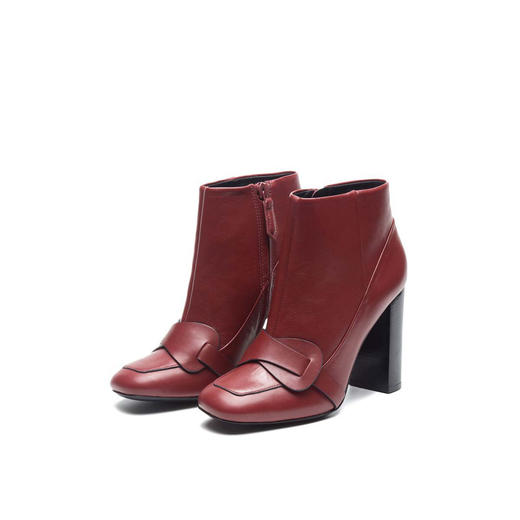 汤丽柏琦Tory Burch   Tory Burch女款酒红色侧拉链方头粗跟短靴 商品图0