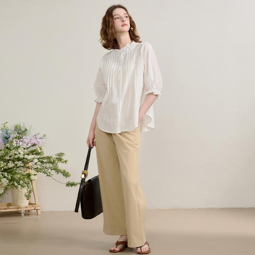 西遇法式宽松衬衣女夏季新款花边领口慵懒风白色衬衫上衣SS050442 商品图1