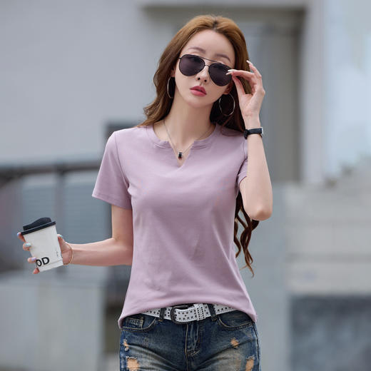 百媚生 棉质短袖小V领纯色T恤6621 商品图7