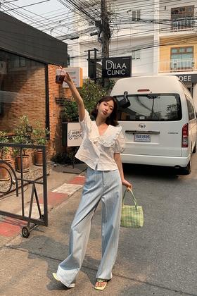 LNNNS 舒适高腰款浅色条纹牛仔长裤 18332