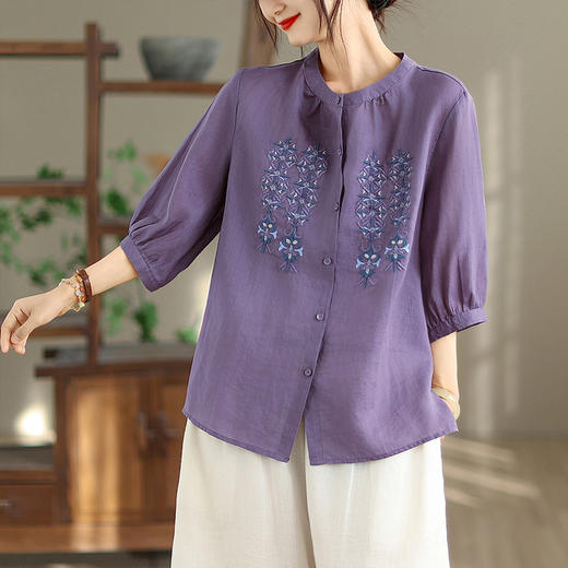 雀说 重工刺绣文艺衬衫气质立领衬衣B100-6869 商品图0