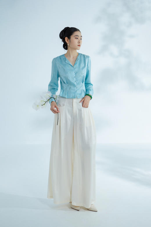 荷言GL 水漾 新中式长裤白色阔腿裤舒适凉感百搭夏季 商品图0