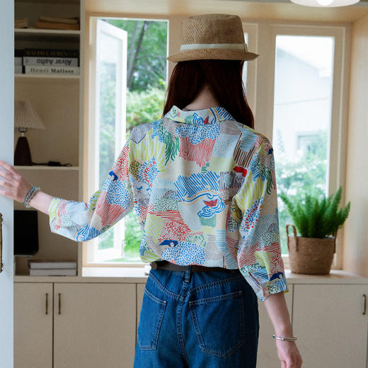 谜底花色衬衫七分袖女2025夏新款复古文艺印花合体衬衣256MC6290 商品图2