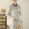 文艺印花棉麻衬衫上衣，翻领贴布口袋短袖衬衣LJX-D035-9097 商品缩略图1