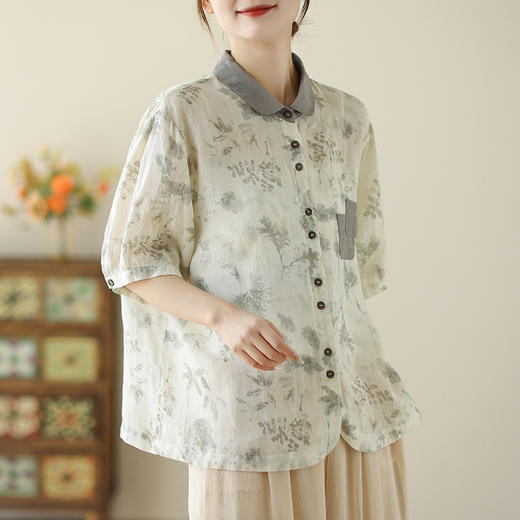 文艺印花棉麻衬衫上衣，翻领贴布口袋短袖衬衣LJX-D035-9097 商品图1