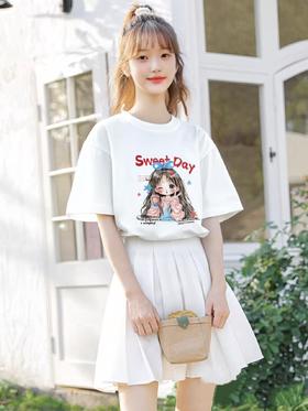 工厂直促价【100%棉】情侣（粉色甜美女孩-大标）柯式印花短袖T恤-喜出