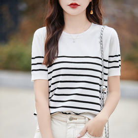 丁摩 春夏新款黑白条纹针织短袖t恤女宽松圆领正肩气质减龄打底体5ZF-275
