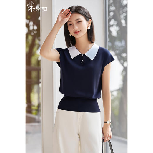 米思阳2025夏季新款休闲减龄针织衫娃娃领半袖弹力百搭针织T恤女2313 商品图4