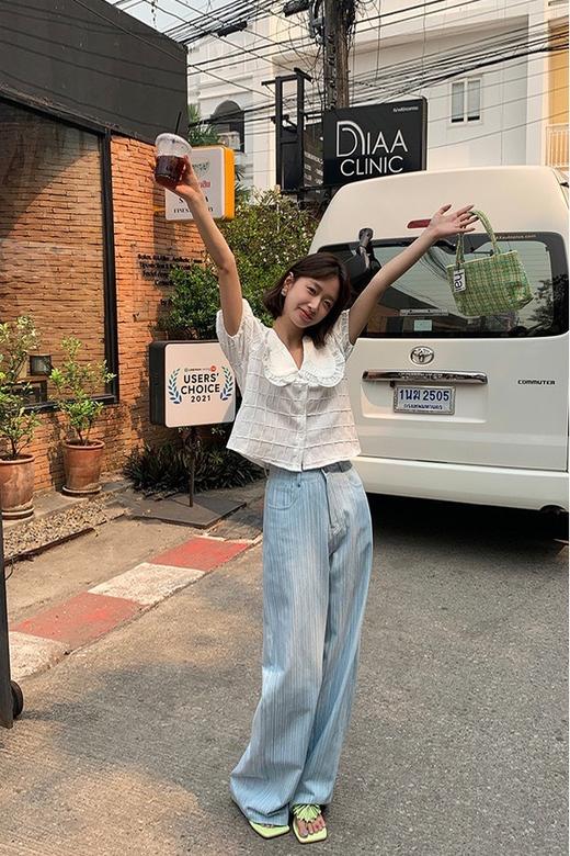 LNNNS 舒适高腰款浅色条纹牛仔长裤 18332 商品图1