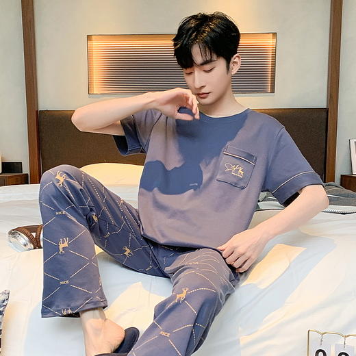 自然醒浮云家居服睡衣男士夏季纯棉薄款短袖长裤可外穿宽松大码家居服套装QH 商品图9