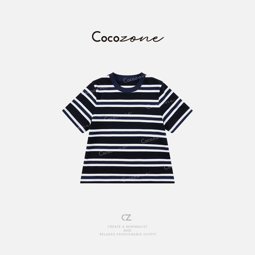 COCO ZONE 刘一一 撞色条纹圆领短袖复古通勤风T恤CD2A0742 商品图0