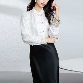 丁摩 国风衬衫女春季新款新中式衬衣收腰盘扣立领真丝桑蚕丝上衣5ZF-25012