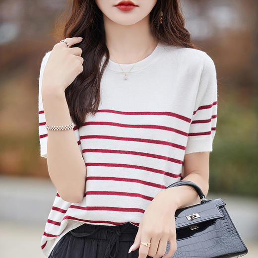 丁摩 春夏新款黑白条纹针织短袖t恤女宽松圆领正肩气质减龄打底体5ZF-275 商品图3