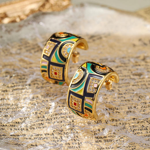 丁摩 复古彩色珐琅C形耳钉大气高级感轻奢时尚百搭耳环耳饰女5ZF-1485 商品图5