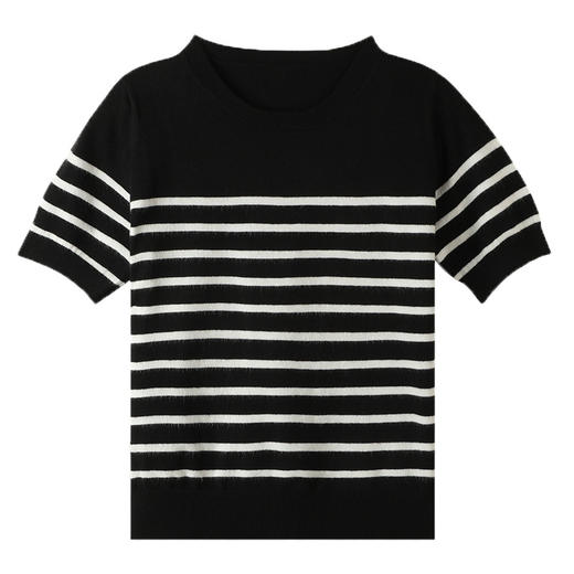 丁摩 春夏新款黑白条纹针织短袖t恤女宽松圆领正肩气质减龄打底体5ZF-275 商品图4
