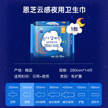 恩芝（Eunjee）韩国进口夜用卫生巾290mm14片 绵柔亲肤护翼型速吸防渗防漏姨妈巾 商品图1