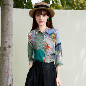 谜底花色衬衫七分袖女2025夏季新款复古风印花合体衬衣257MC7728