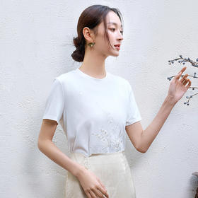 玳莎新中式绣花T恤女2025夏季新款通勤简约百搭白色圆领短袖上衣  FB32107
