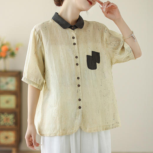 文艺印花棉麻衬衫上衣，翻领贴布口袋短袖衬衣LJX-D035-9097 商品图2