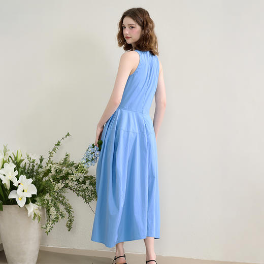 西遇法式无袖背心裙女夏季新款口袋圆领收腰蓝色大裙摆长裙SS050447 商品图4