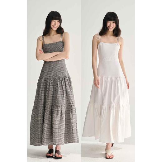 MAISON CECILE复古法式随性格纹/白色收腰显瘦A字吊带连衣裙 商品图0