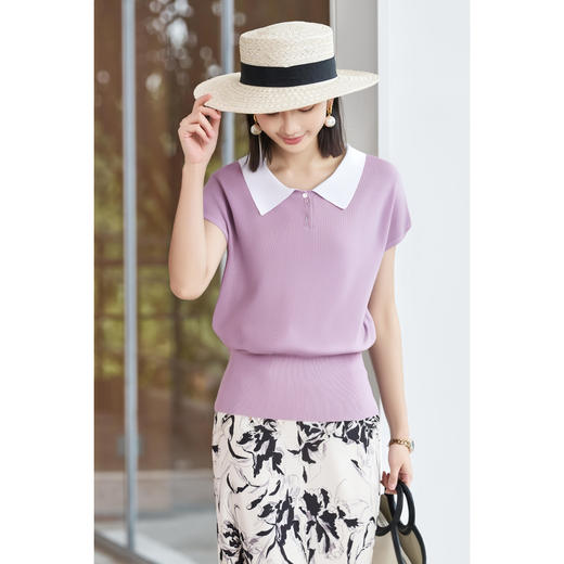 米思阳2025夏季新款休闲减龄针织衫娃娃领半袖弹力百搭针织T恤女2313 商品图5