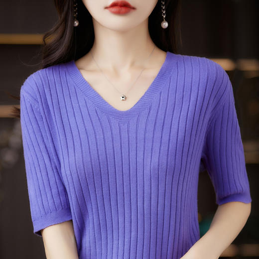 丁摩 五分袖针织打底衫女V领套头半袖薄毛衣简约纯色毛衫中袖上衣T恤5ZF-4281 商品图2